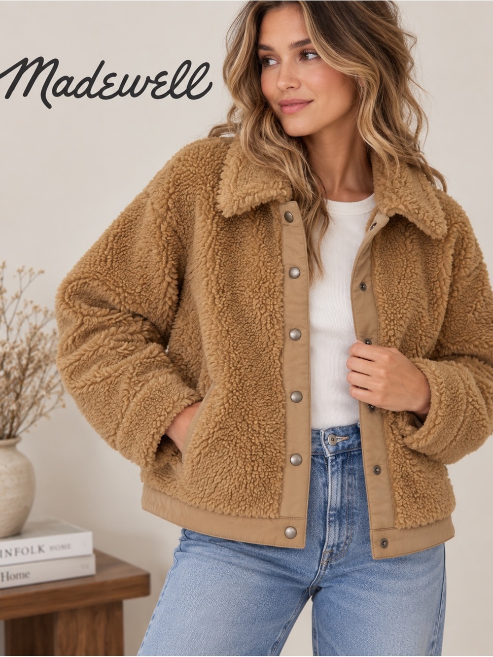 Madewell XS Tan Sherpa Teddy Snap Front Jacket Camel Cozy Fall Winter